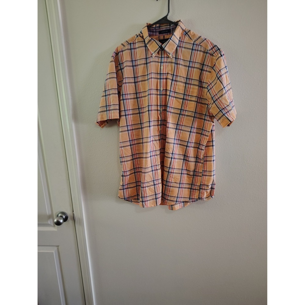 Saddlebred Mens XL Orange Blue Plaid Short Sleeve Wrinkle Free Button Down Shirt